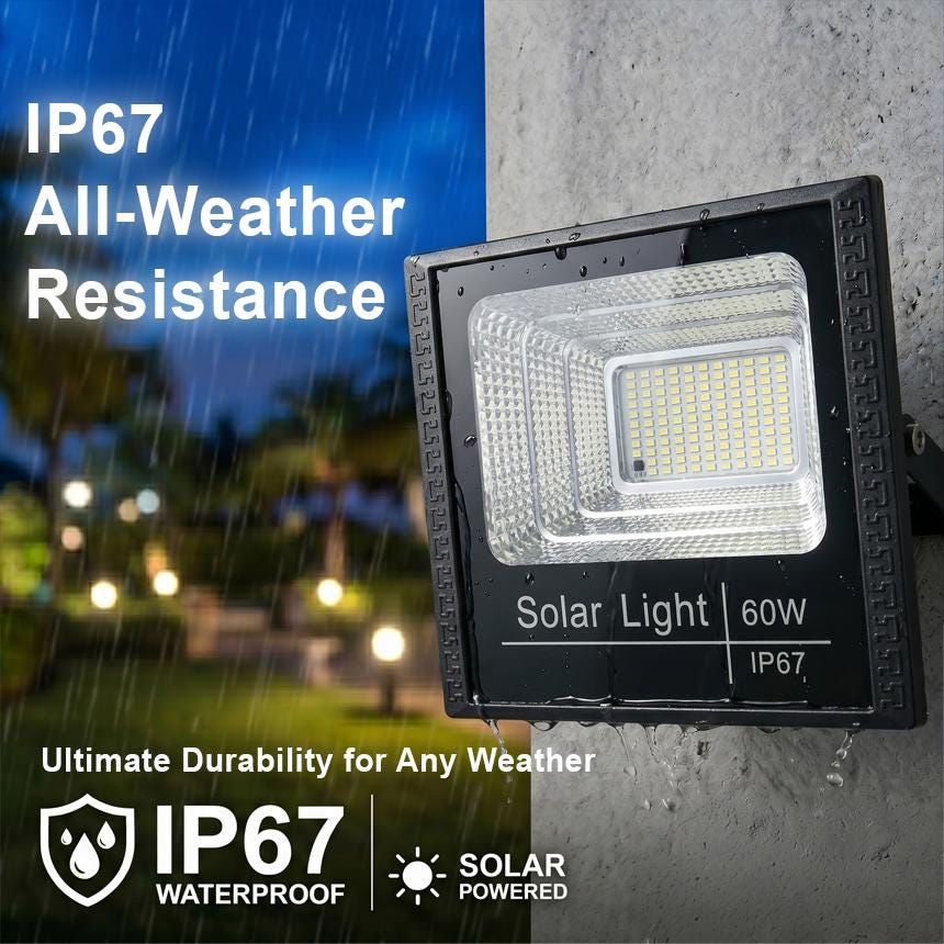 EPL 60W Solar Flood Light Outdoor, IP67 Waterproof Solar Powered Street Lamp with Remote Control, Dusk to Dawn Security Light for Yard