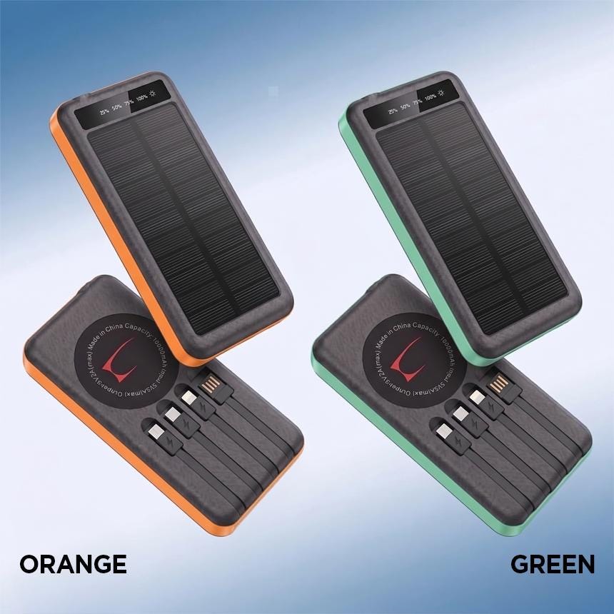 SOLEVCG 10000mAh Solar Power Bank with Flashlight & 3 Built-in Cables, Fast Charging Battery for iPhone, Samsung, Camping and Emergency Use