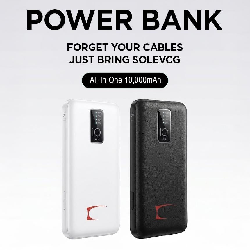 SOLEVCG PB-BLK, 10000mAh Portable Power Bank with Built-in 3 Cables, Slim Fast Charging External Battery Pack for iPhone, Android, Samsung