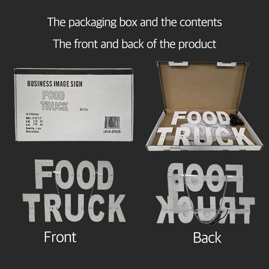 EPL FOOD TRUCK White, Led 1G On-off Sign, Eye-catching sign, Super Bright, 13"x22", Business decor, Storefront display, Restaurant signage