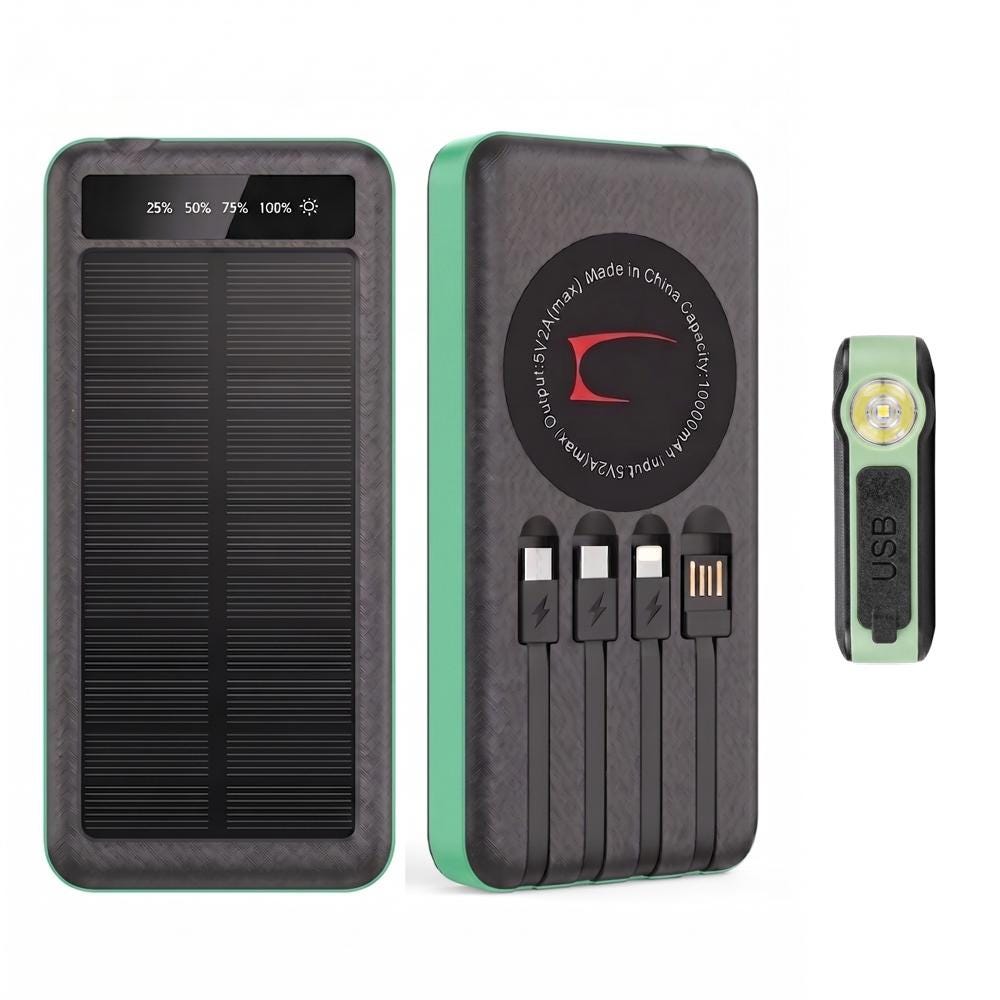 SOLEVCG 10000mAh Solar Power Bank with Flashlight & 3 Built-in Cables, Fast Charging Battery for iPhone, Samsung, Camping and Emergency Use