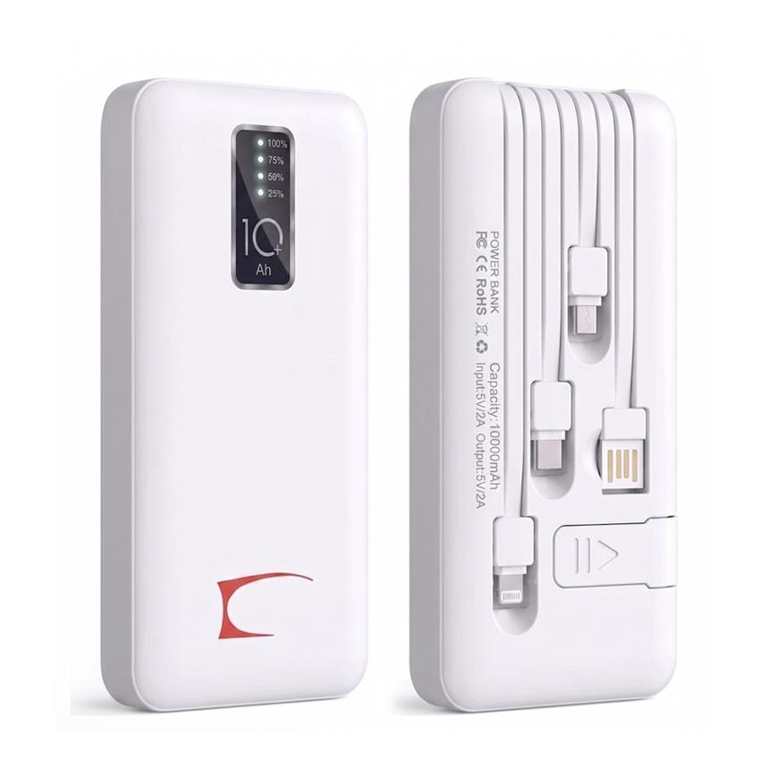 SOLEVCG PB-WH, 10000mAh Portable Power Bank with Built-in 3 Cables, Slim Fast Charging External Battery Pack for iPhone, Android, Samsung
