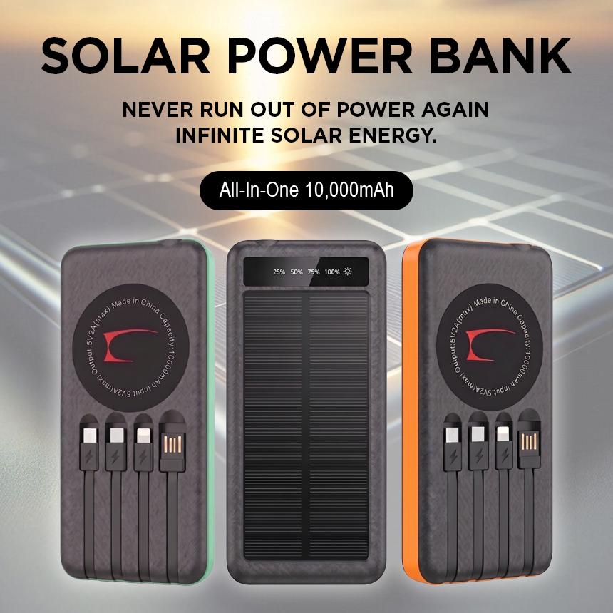 SOLEVCG 10000mAh Solar Power Bank with Flashlight & 3 Built-in Cables, Fast Charging Battery for iPhone, Samsung, Camping and Emergency Use