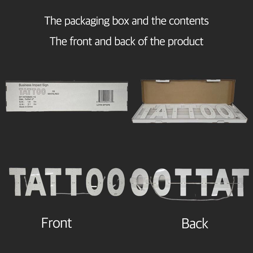 EPL TATTOO Red, Led 1G On-off Sign, Eye-catching sign, Super Bright, 7"x30", Ink Studio Decor & Body Art Shop Wall Display, Professional