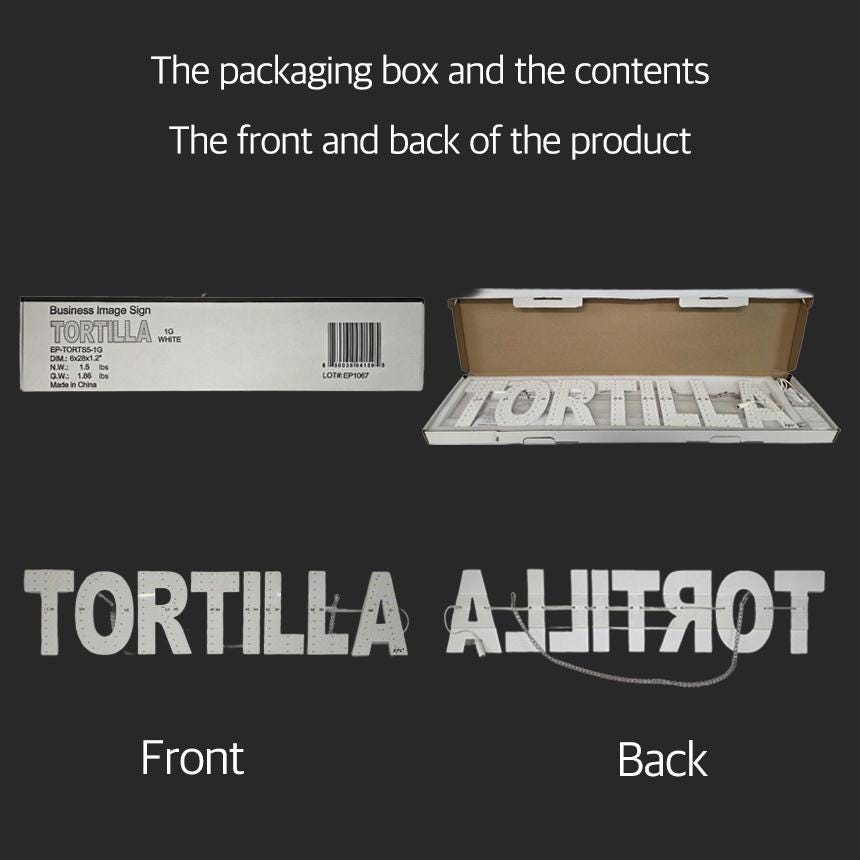 EPL TORTILLA White, Led 1G On-off Sign, Eye-catching, Super Bright, Food & Restaurant Decor, 6"x28", Indoor Display, Wall Light