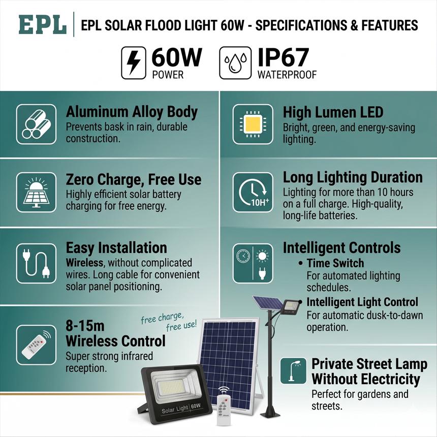 EPL 60W Solar Flood Light Outdoor, IP67 Waterproof Solar Powered Street Lamp with Remote Control, Dusk to Dawn Security Light for Yard