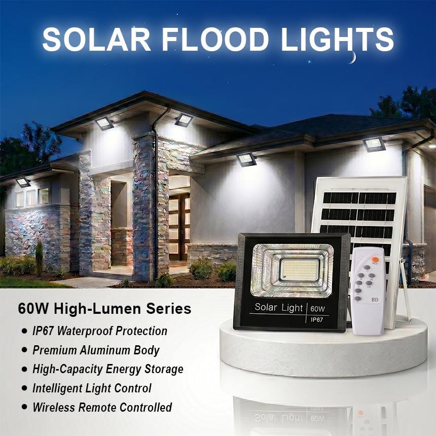 EPL 60W Solar Flood Light Outdoor, IP67 Waterproof Solar Powered Street Lamp with Remote Control, Dusk to Dawn Security Light for Yard