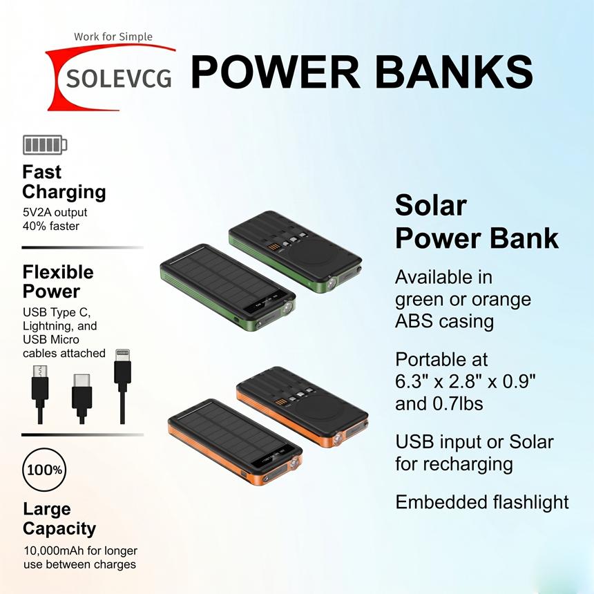 SOLEVCG 10000mAh Solar Power Bank with Flashlight & 3 Built-in Cables, Fast Charging Battery for iPhone, Samsung, Camping and Emergency Use