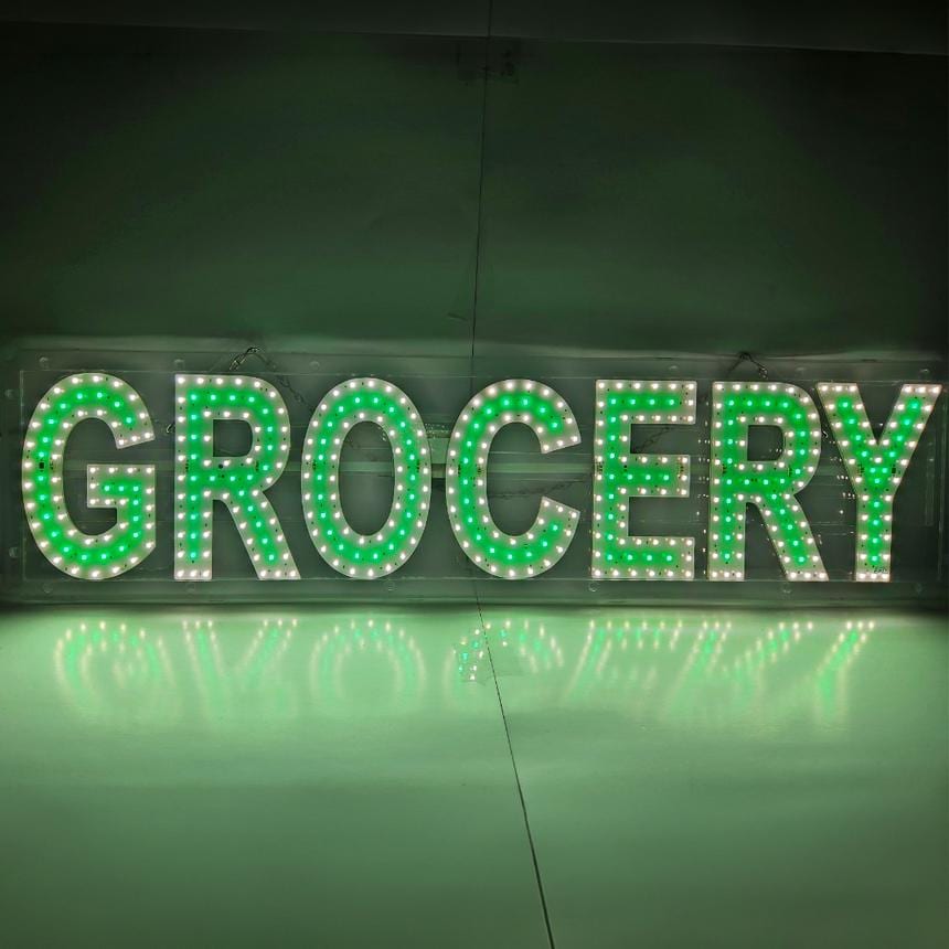 EPL GROCERY Green, LED 2G Blinking Sign, Eye-Catching, Super Bright, 8"x32", Remote & Business Decor - Shop Window, Storefront Display