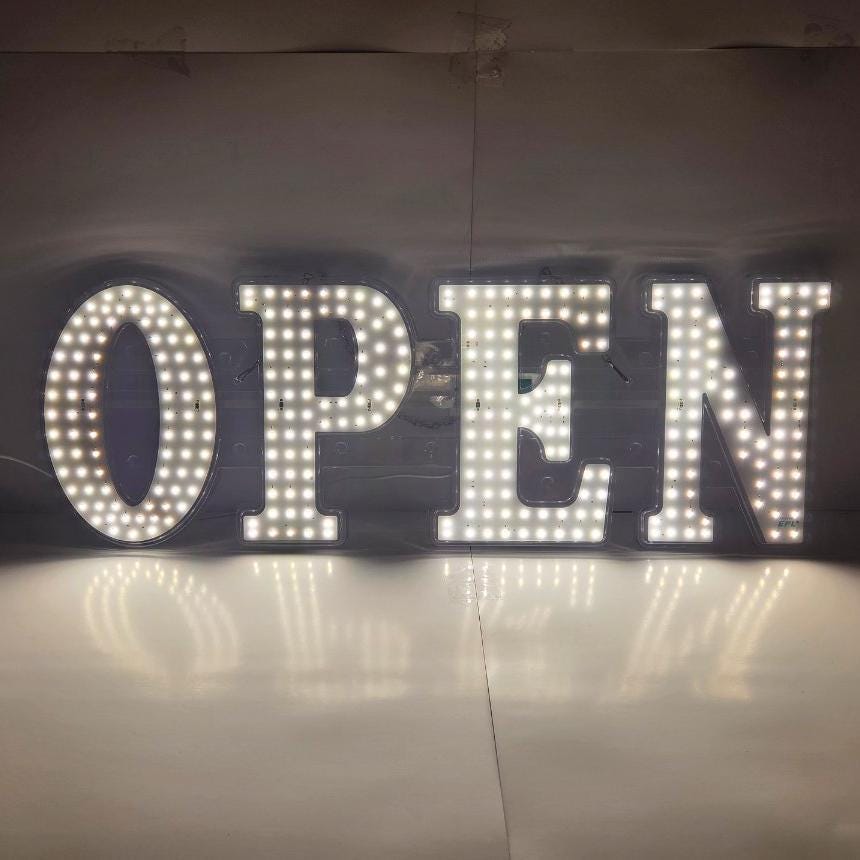 EPL OPEN Warm White, LED 2G Blinking Sign, Eye-Catching, Super Bright, 10"x30", Remote, Business decor, Storefront display, Restaurant
