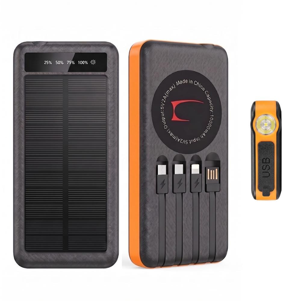 SOLEVCG 10000mAh Solar Power Bank with Flashlight & 3 Built-in Cables, Fast Charging Battery for iPhone, Samsung, Camping and Emergency Use