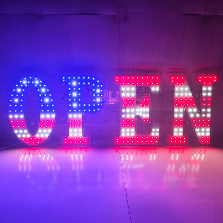 EPL OPEN Us Flag, LED 2G Blinking Sign, Eye-Catching, Super Bright Storefront, 10"x30", Remote, Business decor, Storefront display, signage